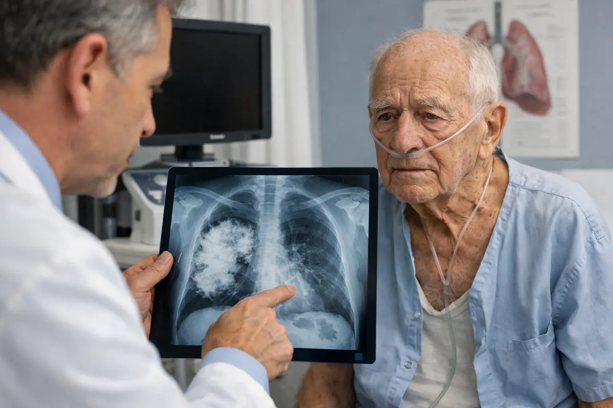 Doctor reviewing chest X-ray and lung scan for an elderly mesothelioma patient